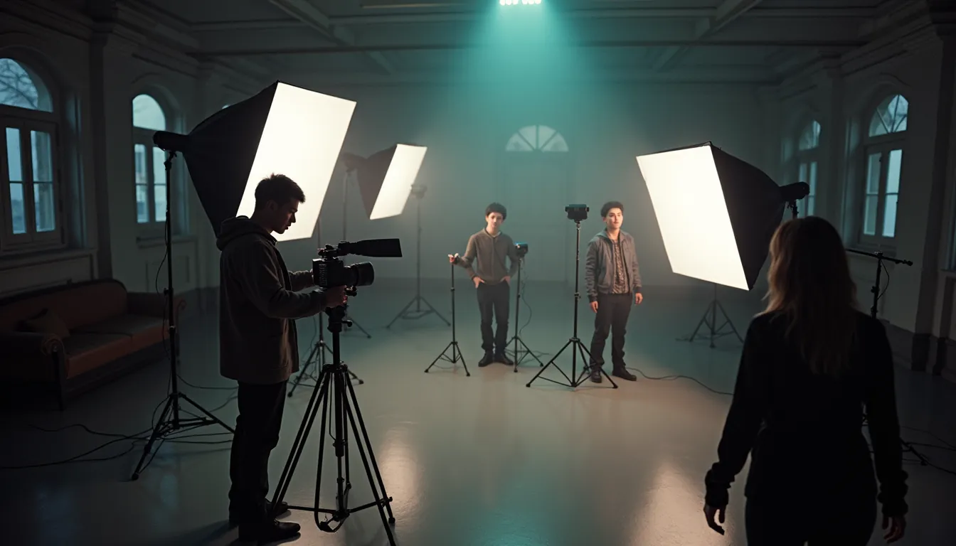 A camera operator films two young actors in a misty hall lit by large softboxes as a woman watches from the side