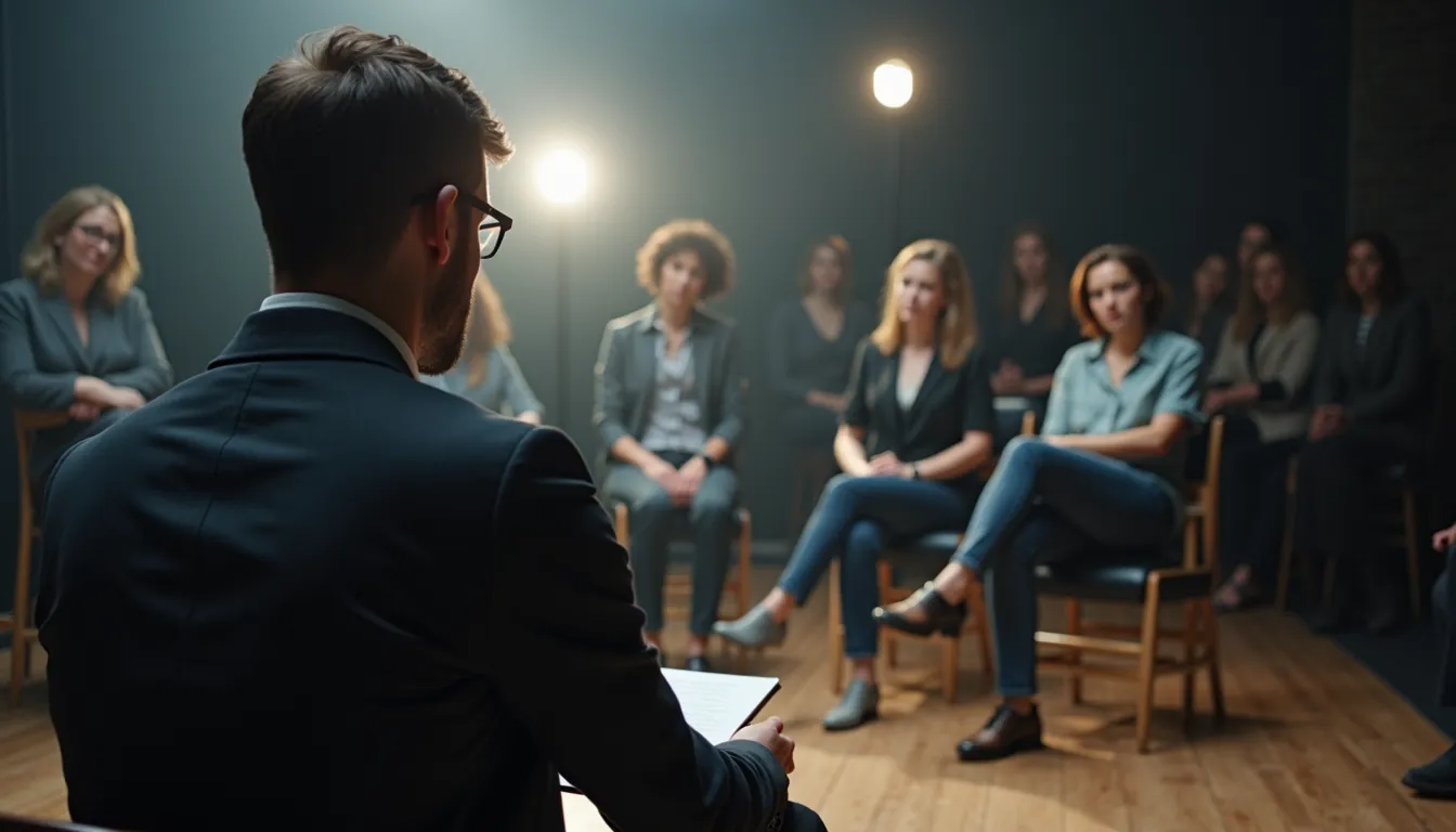 A casting director with glasses holds a script, seen from behind, facing a semicircle of seated actors in a dim audition room.