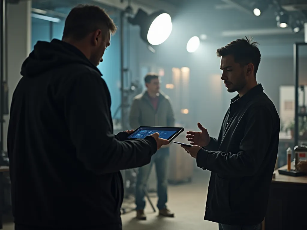 Two filmmakers on a dimly lit set discuss a plan shown on a tablet, while a third crew member waits under studio lights