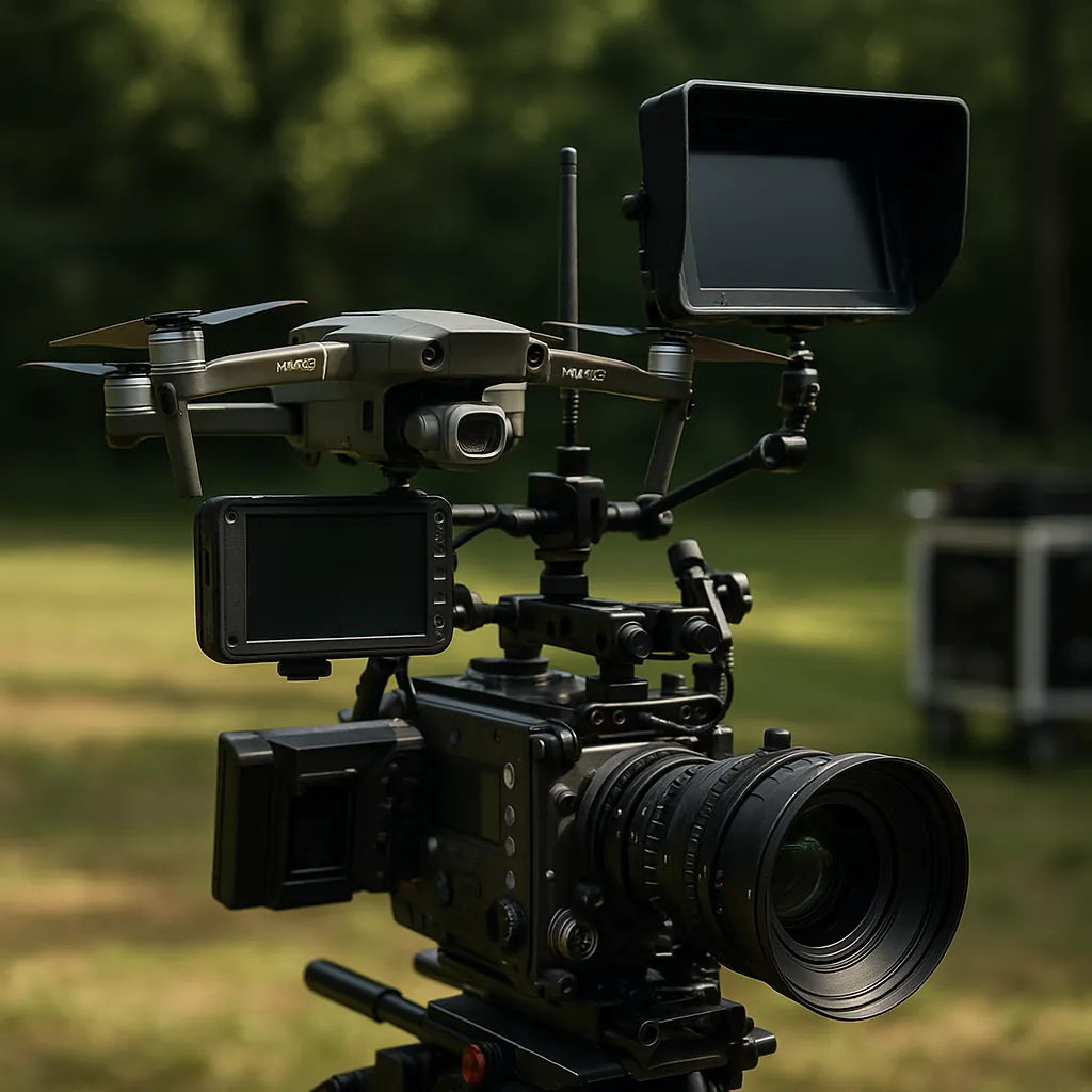 A cinema camera on a tripod rigged with monitors and a small drone mounted above it, set up outdoors in a grassy field.