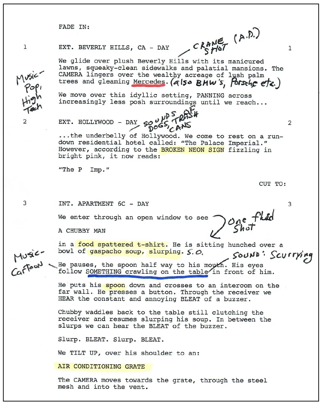 A marked-up screenplay page with handwritten notes for crane shot, music and sound cues, and highlighted props and set details