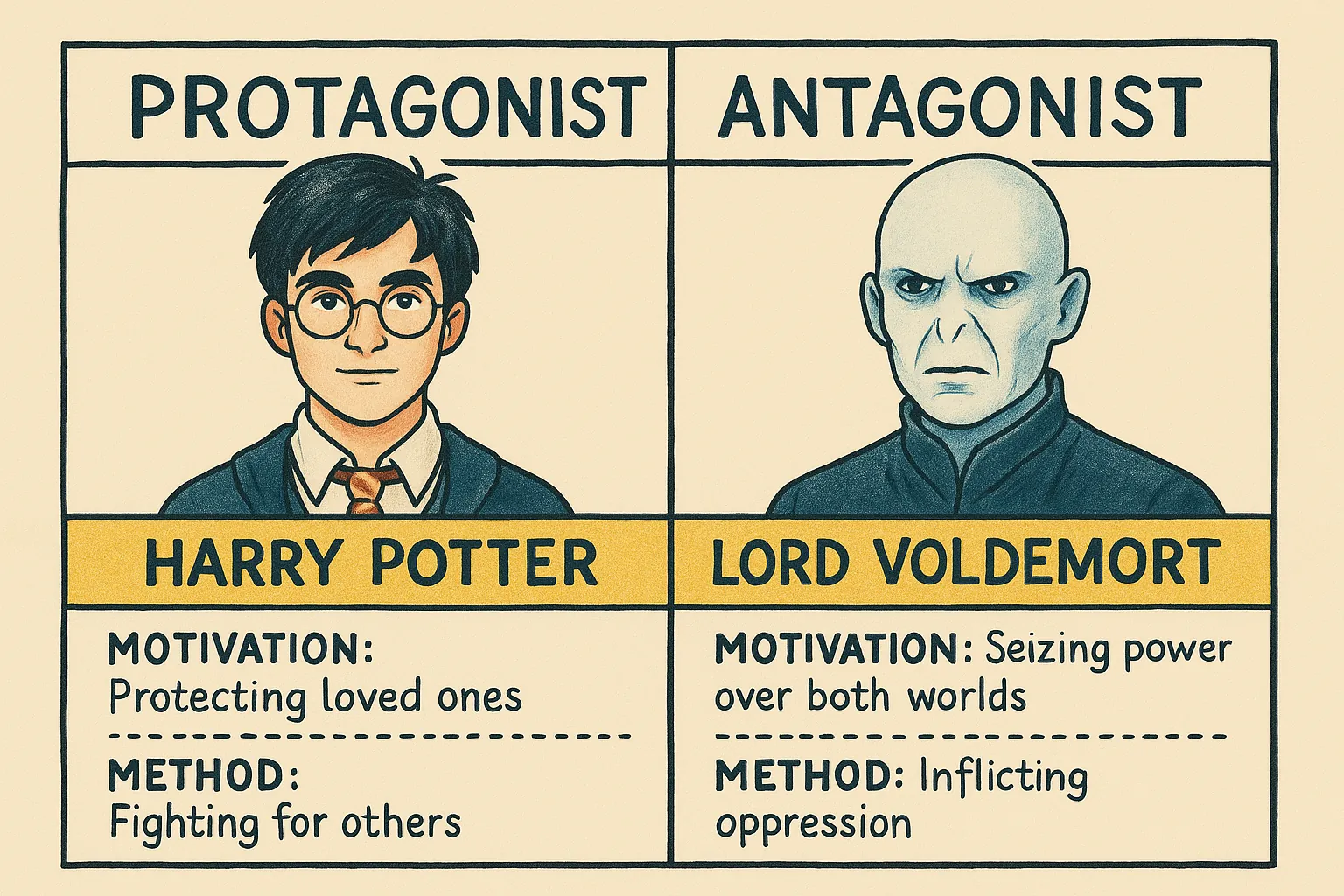 Illustrated comparison card: protagonist Harry Potter, motivated by protecting loved ones, versus antagonist Lord Voldemort, seeking power through oppression.