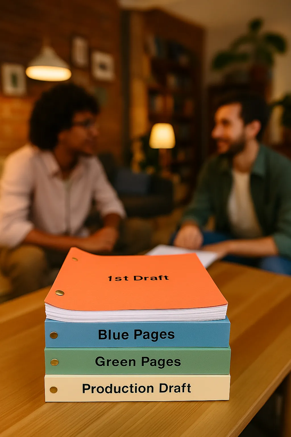 A stack of color-coded script drafts labelled 1st Draft, Blue Pages, Green Pages and Production Draft, with two writers talking behind it