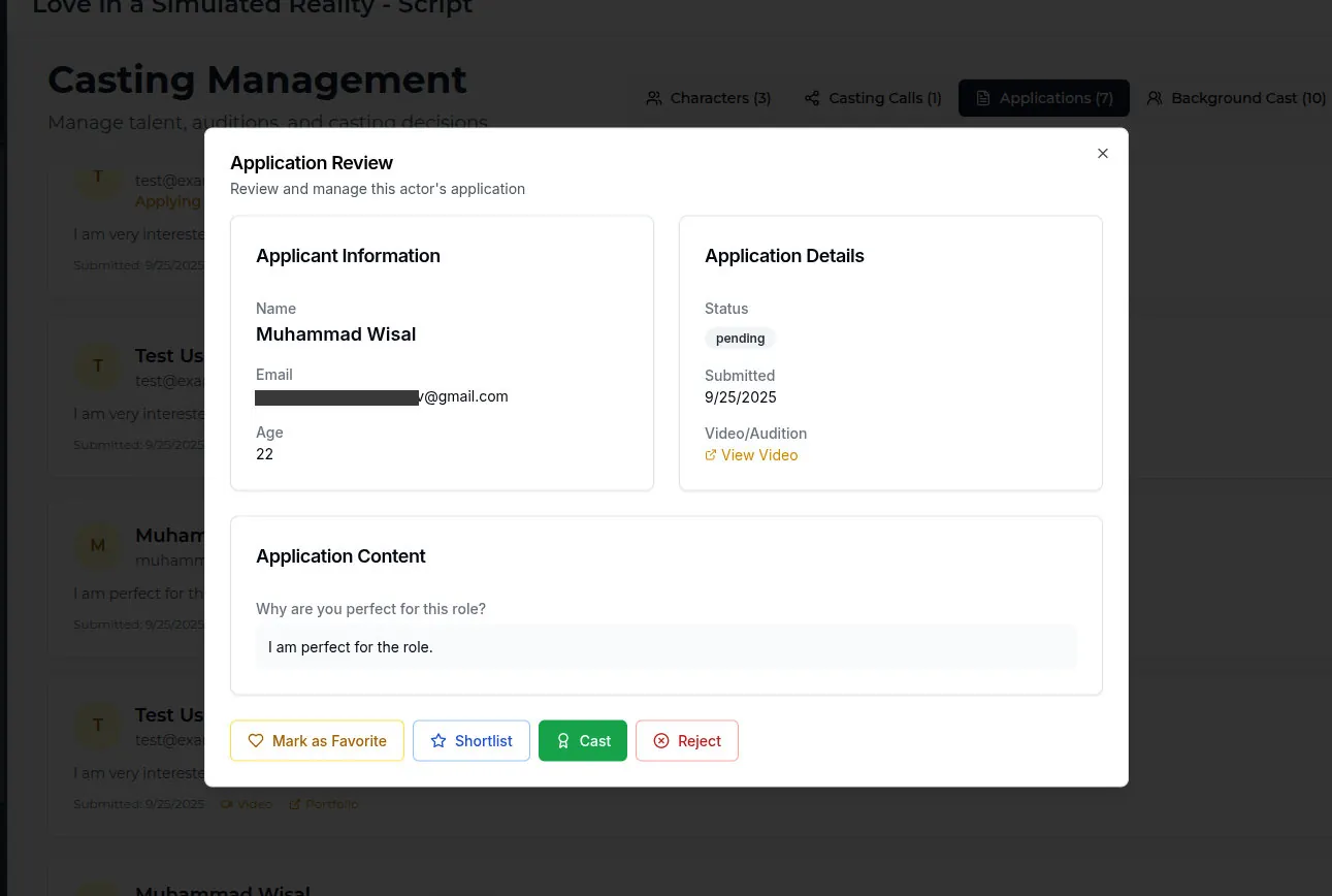 Lowerated casting application review screen showing an applicant's details, pending status, an audition video link and Favorite, Shortlist, Cast and Reject buttons
