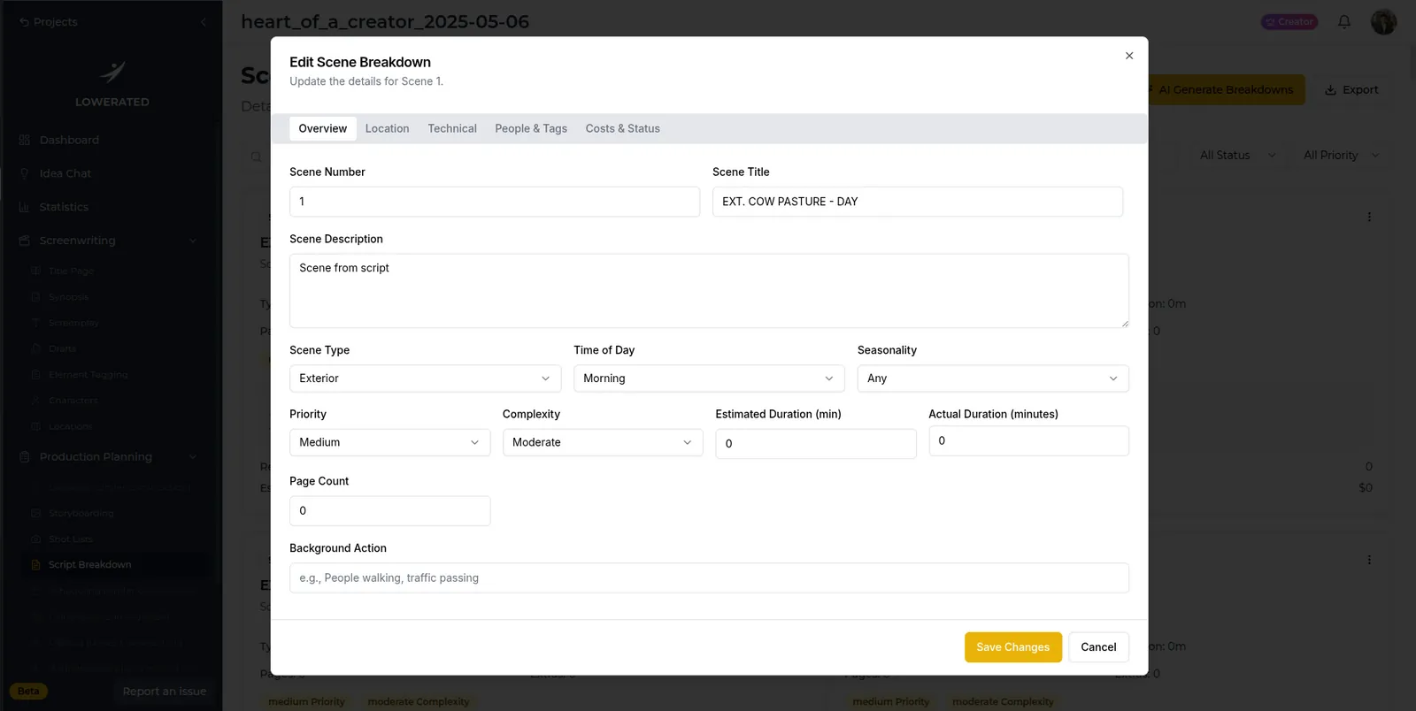 Screenshot of the Lowerated Edit Scene Breakdown dialog for scene 1, EXT. COW PASTURE - DAY, with scene type, time of day, priority and complexity fields.