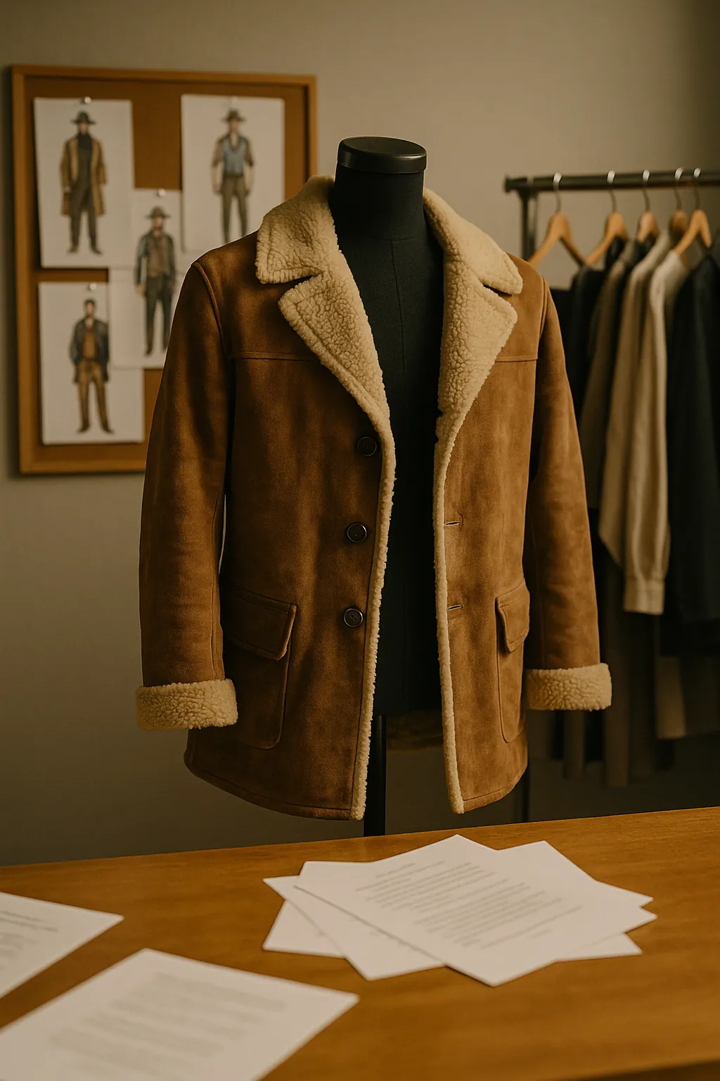 A sheepskin-lined suede coat on a dress form in a costume room, with western character sketches pinned up and a rail of clothes behind