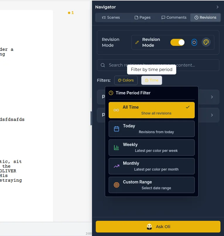 Screenshot of the Lowerated script Revisions panel with revision mode on and a time filter menu: All Time, Today, Weekly, Monthly or Custom Range.