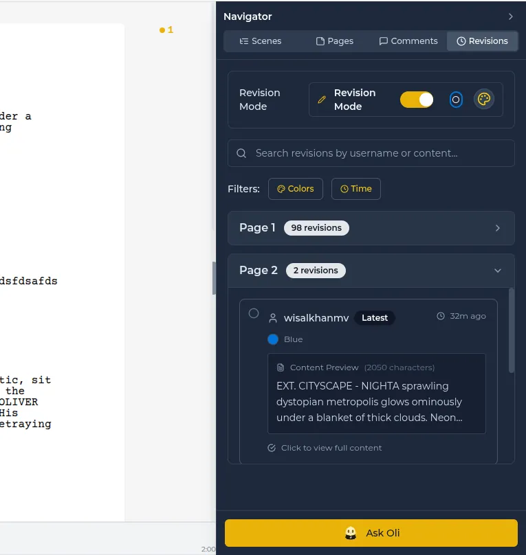 Screenshot of the Lowerated script Revisions panel listing revisions per page, with the latest blue revision and a preview of its scene text.