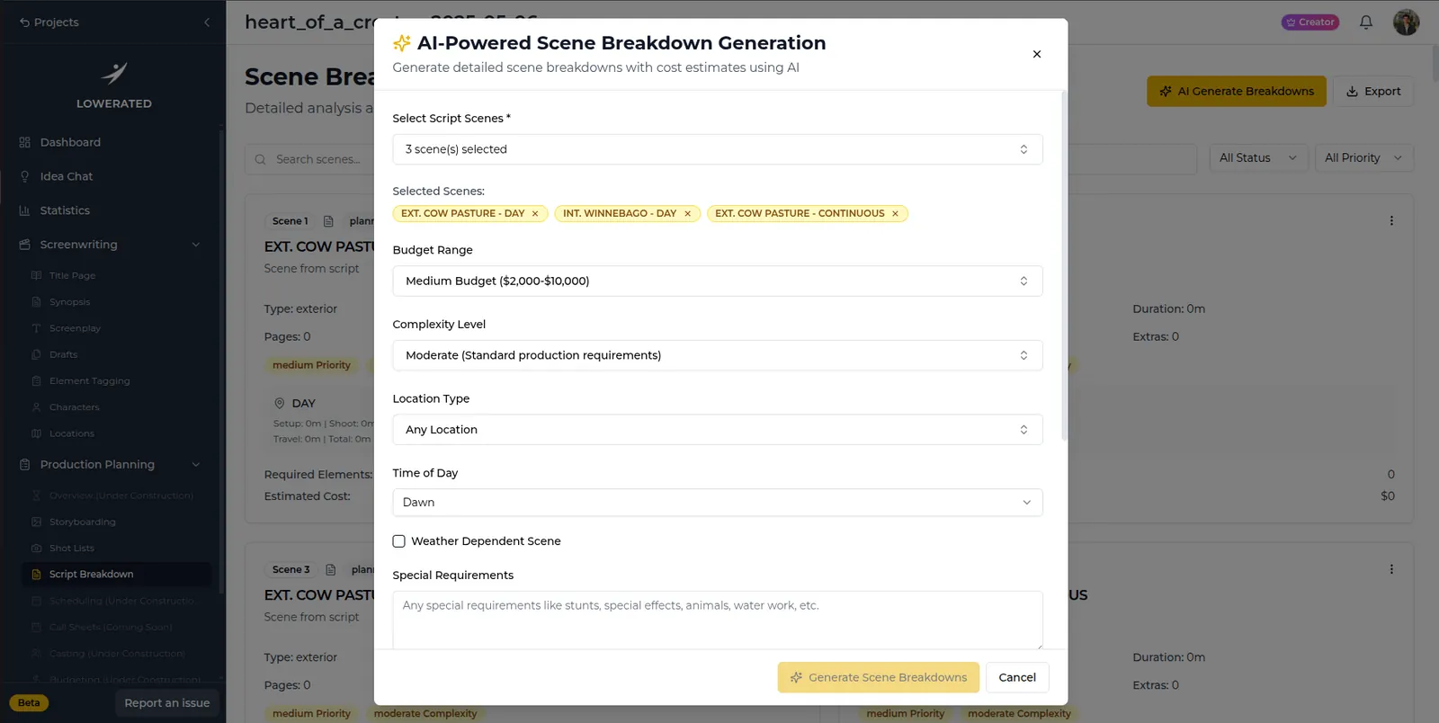 Screenshot of Lowerated AI scene breakdown generation with three selected scenes, budget range, complexity, location type and time of day options.