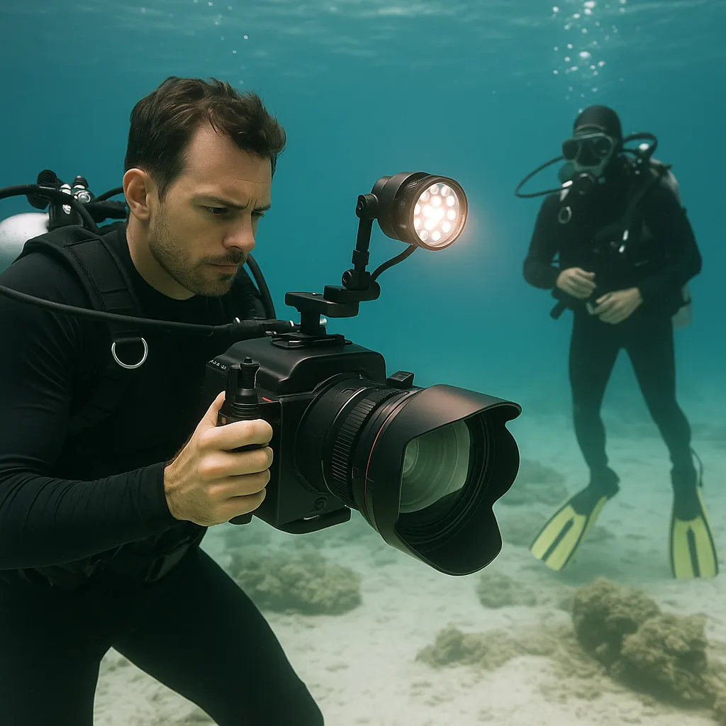 An underwater camera operator in a wetsuit films with a lit camera rig while a scuba diver in fins stands on the sandy seabed behind.