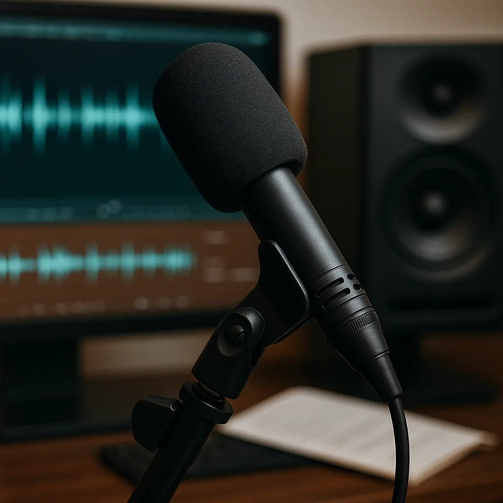 Close-up of a microphone with a foam windscreen on a desk stand, with audio waveforms on a monitor and a studio speaker behind.