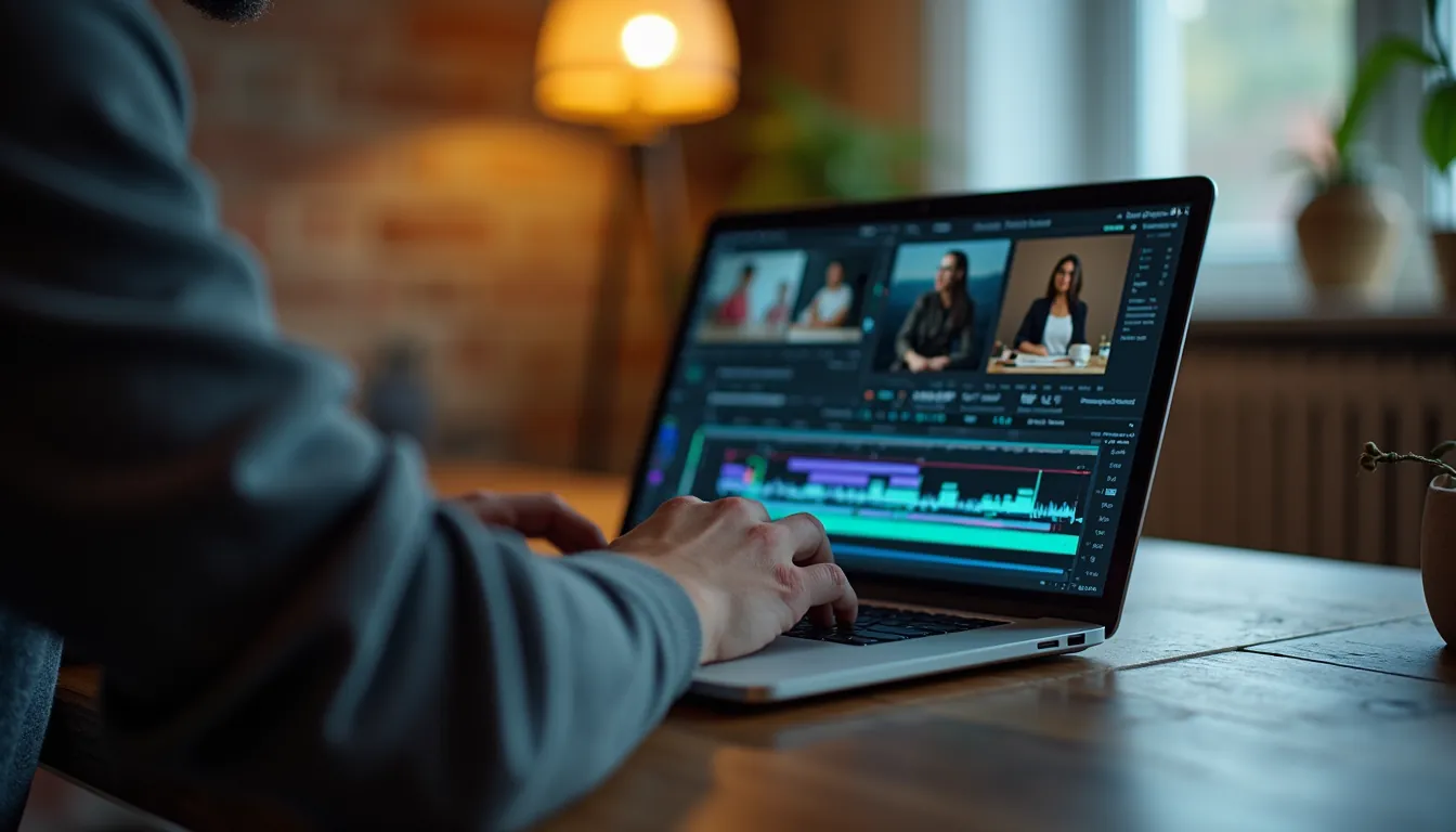 A person edits video on a laptop at a wooden table, the screen showing clips of interviews above a colorful audio and video timeline.