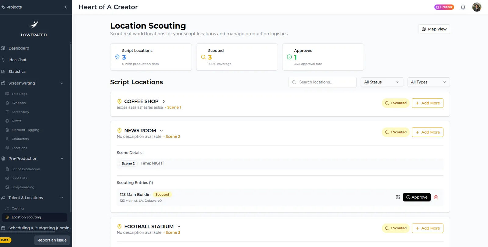 Lowerated Location Scouting screen with counts for script locations, scouted and approved, and entries for a coffee shop, a news room and a football stadium