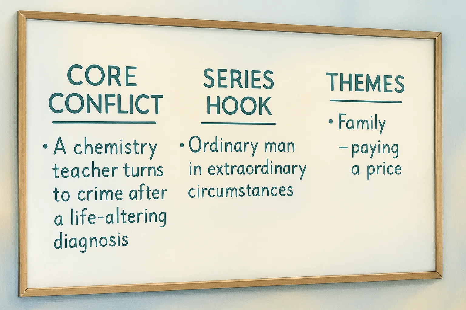A framed whiteboard for a story pitch: core conflict, a chemistry teacher turns to crime after a diagnosis; series hook; themes of family and paying a price.