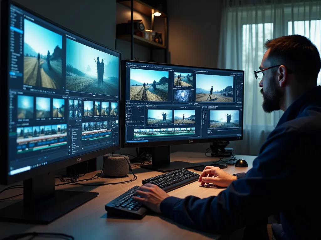 A bearded editor in glasses works at a desk with two monitors running video editing software, clips of figures on a dusty road on screen