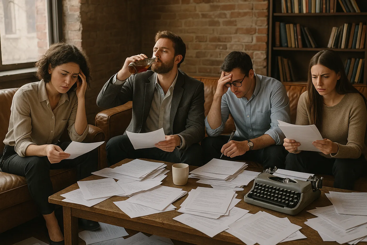 Four writers on a leather sofa look stressed over scattered script pages and a typewriter, one drinking from a bottle
