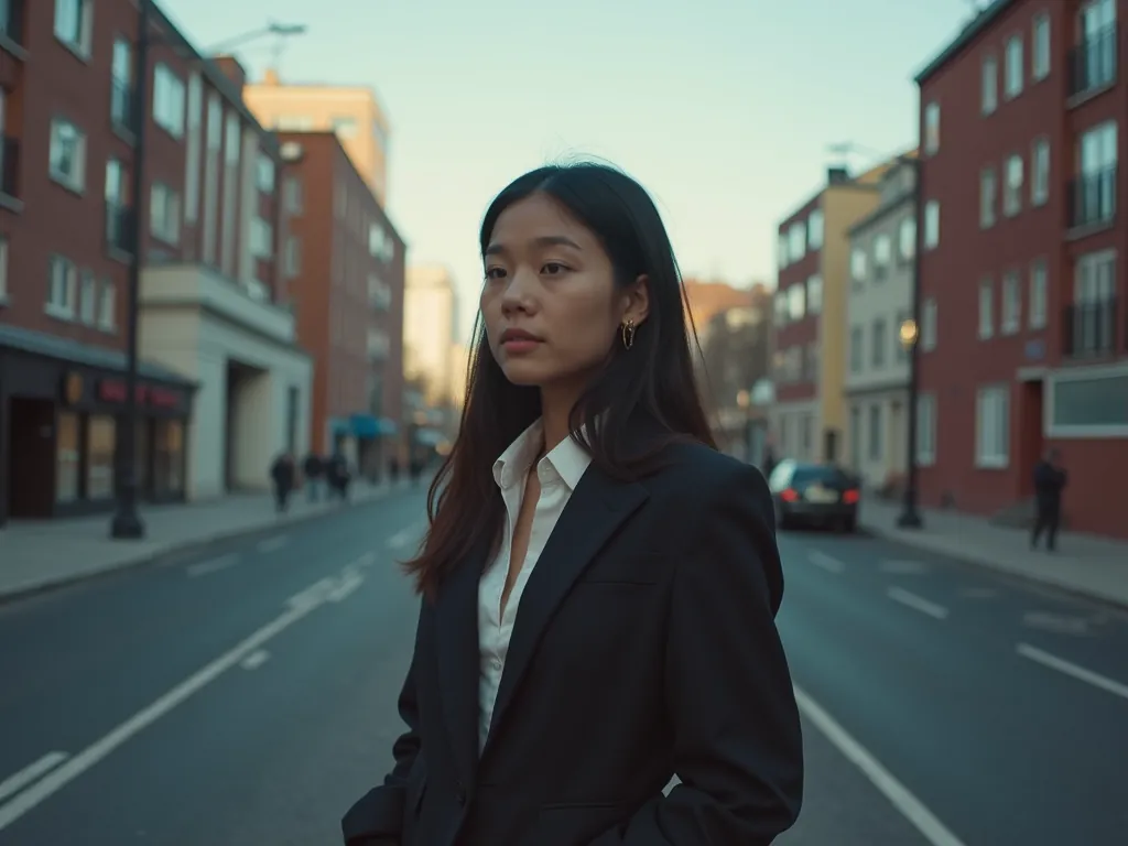 A young woman in a dark blazer and white shirt stands in the middle of a city street lined with red brick buildings at dusk