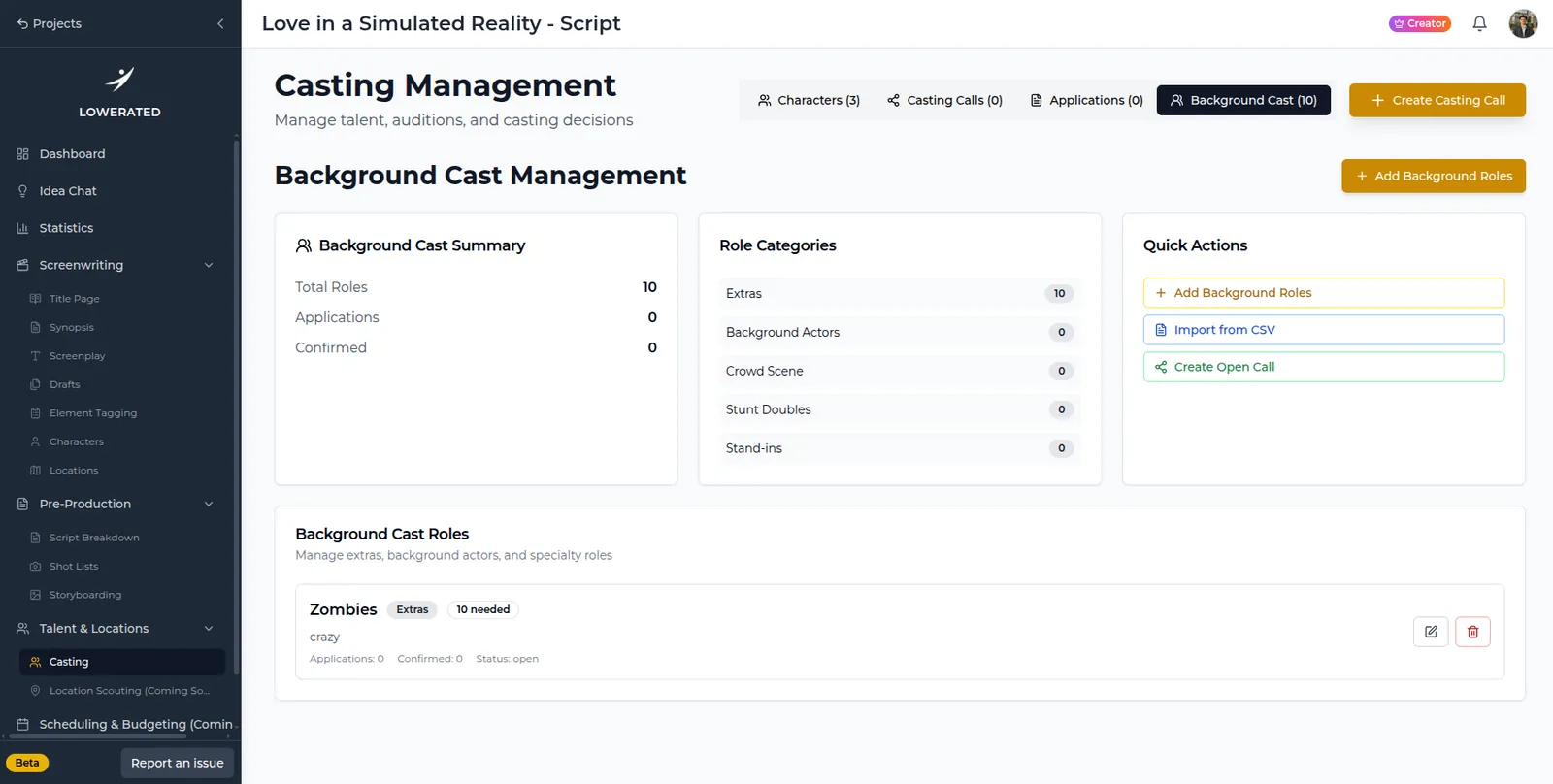 Lowerated Casting Management on the Background Cast tab, with a summary of 10 roles, role categories like Extras and a Zombies extras listing