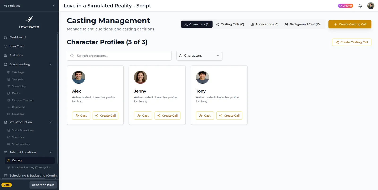 Lowerated Casting Management showing three character profile cards, Alex, Jenny and Tony, each with Cast and Create Call buttons