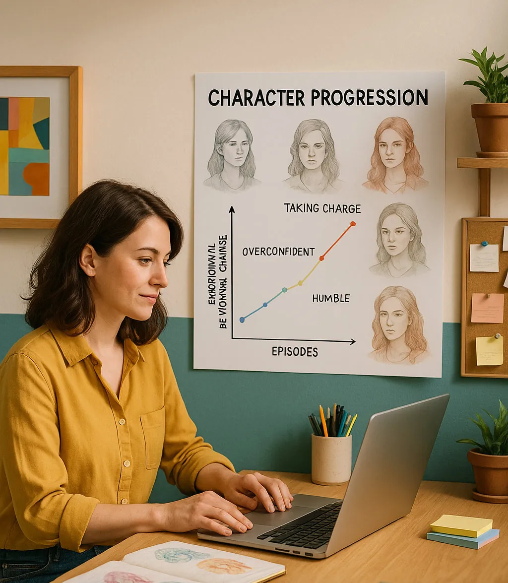 A woman types on a laptop beneath a Character Progression poster charting a character's arc from humble to overconfident to taking charge