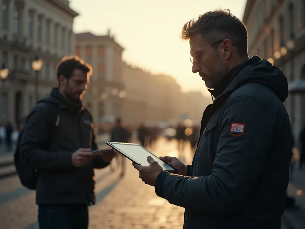 Two men stand on a sunlit cobbled city square, one reading a tablet and the other checking his phone, as if scouting a location