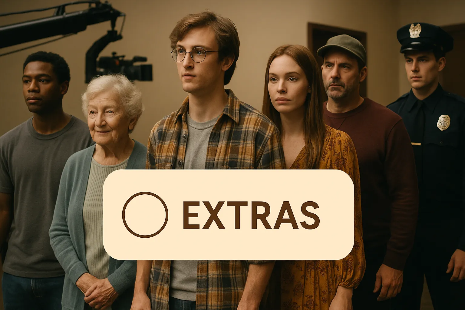 Six background actors of different ages stand in a row on a film set under a camera crane, with an Extras tag label over them