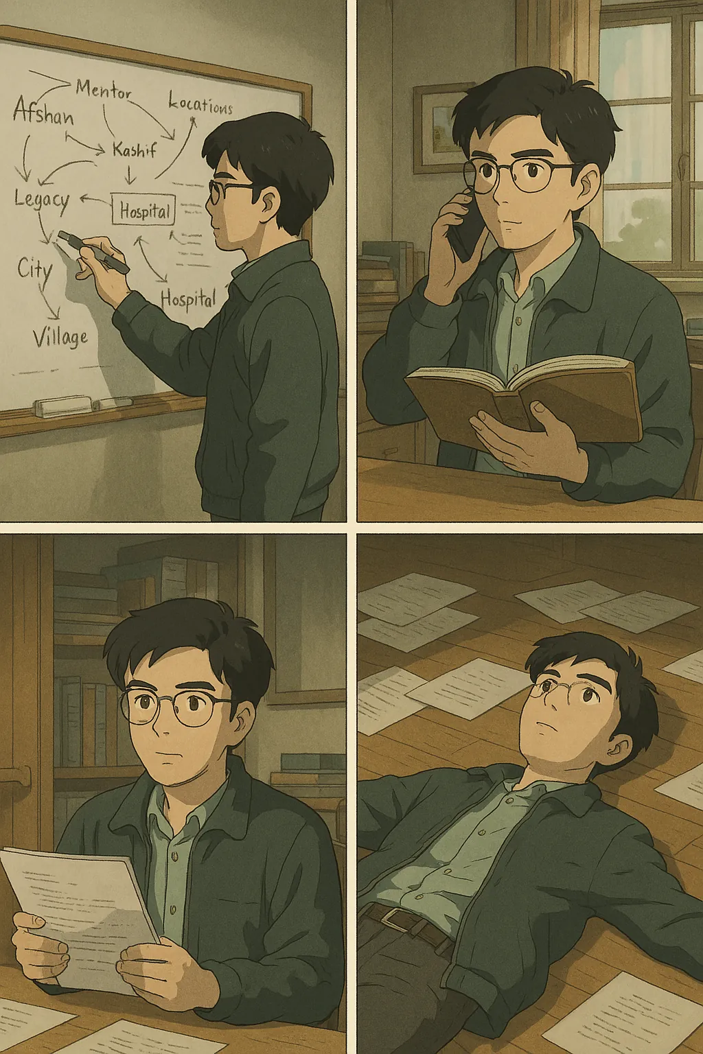 Four-panel anime-style comic of a young writer in glasses mapping characters on a whiteboard, on the phone, reading pages and lying on the floor