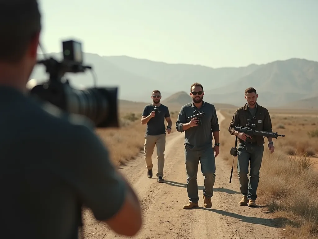 A camera operator in the foreground films three men walking down a dirt road in a desert valley, two of them carrying prop weapons