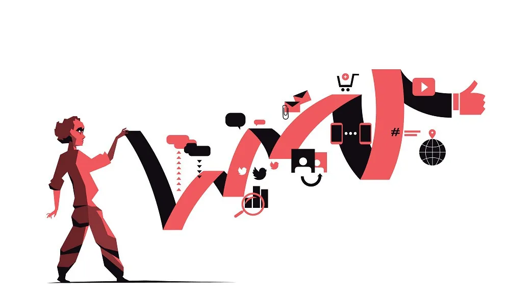 Illustration of a woman pulling a ribbon that curves into social media icons like chat bubbles, email, a shopping cart, video and a thumbs up