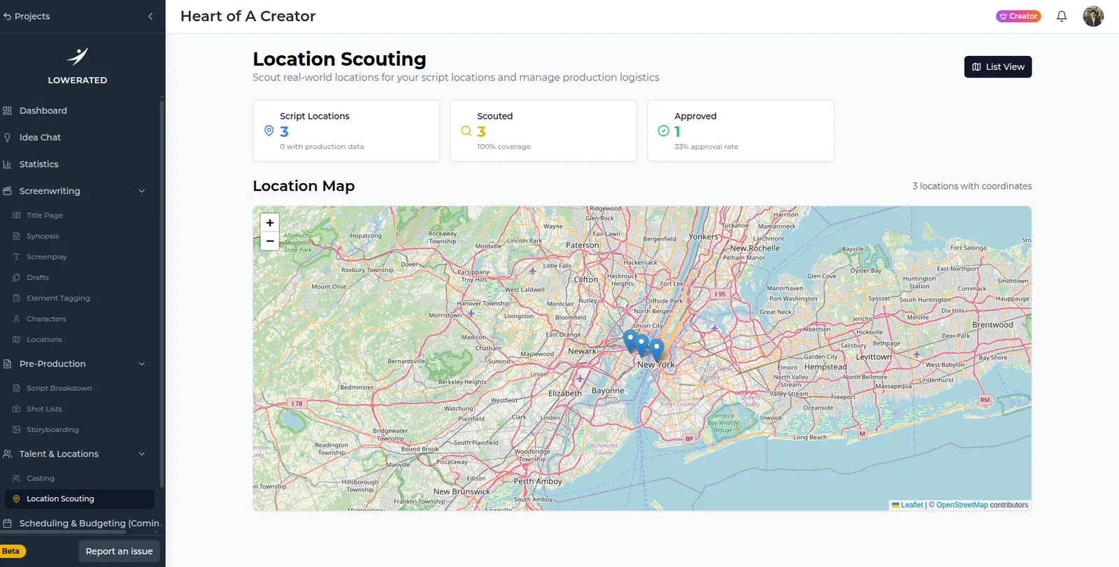 Lowerated Location Scouting with counts for script locations, scouted and approved, above a map of the New York area with three pins