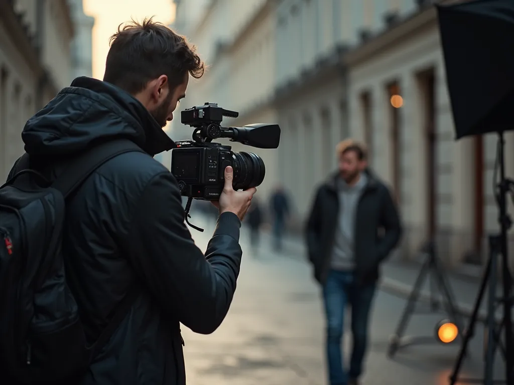 A camera operator with a backpack films a man walking down a narrow European street, with lighting stands beside them