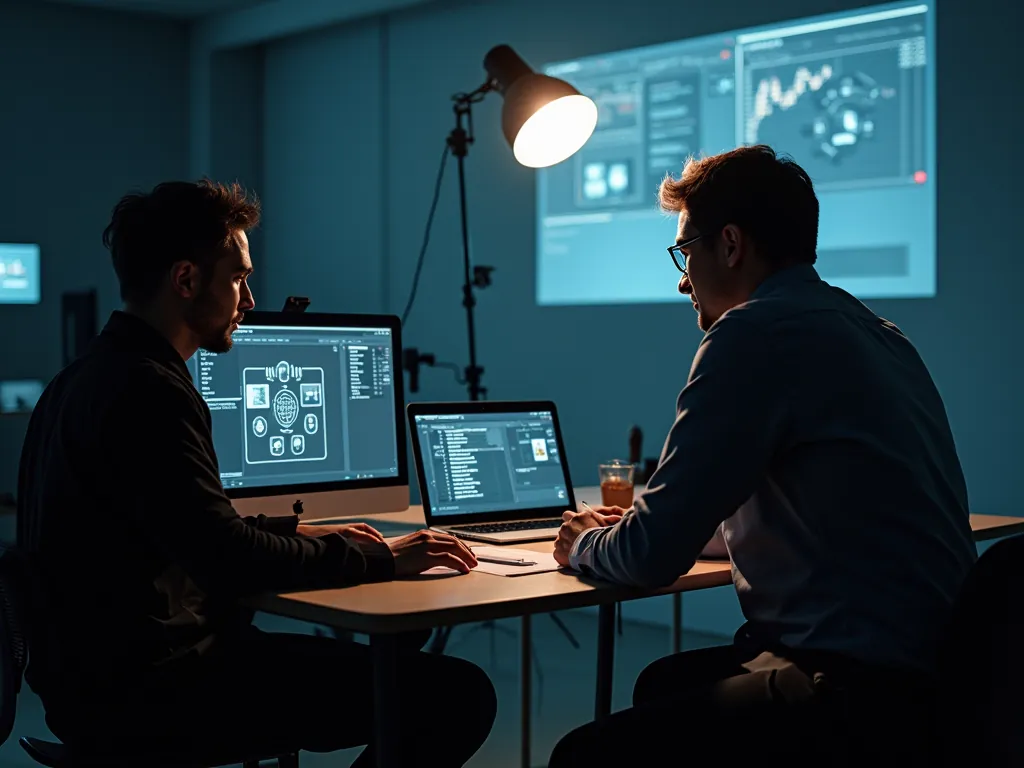Two men work at a desk with a monitor and laptop in a dark room lit by a desk lamp, with a data dashboard projected behind them