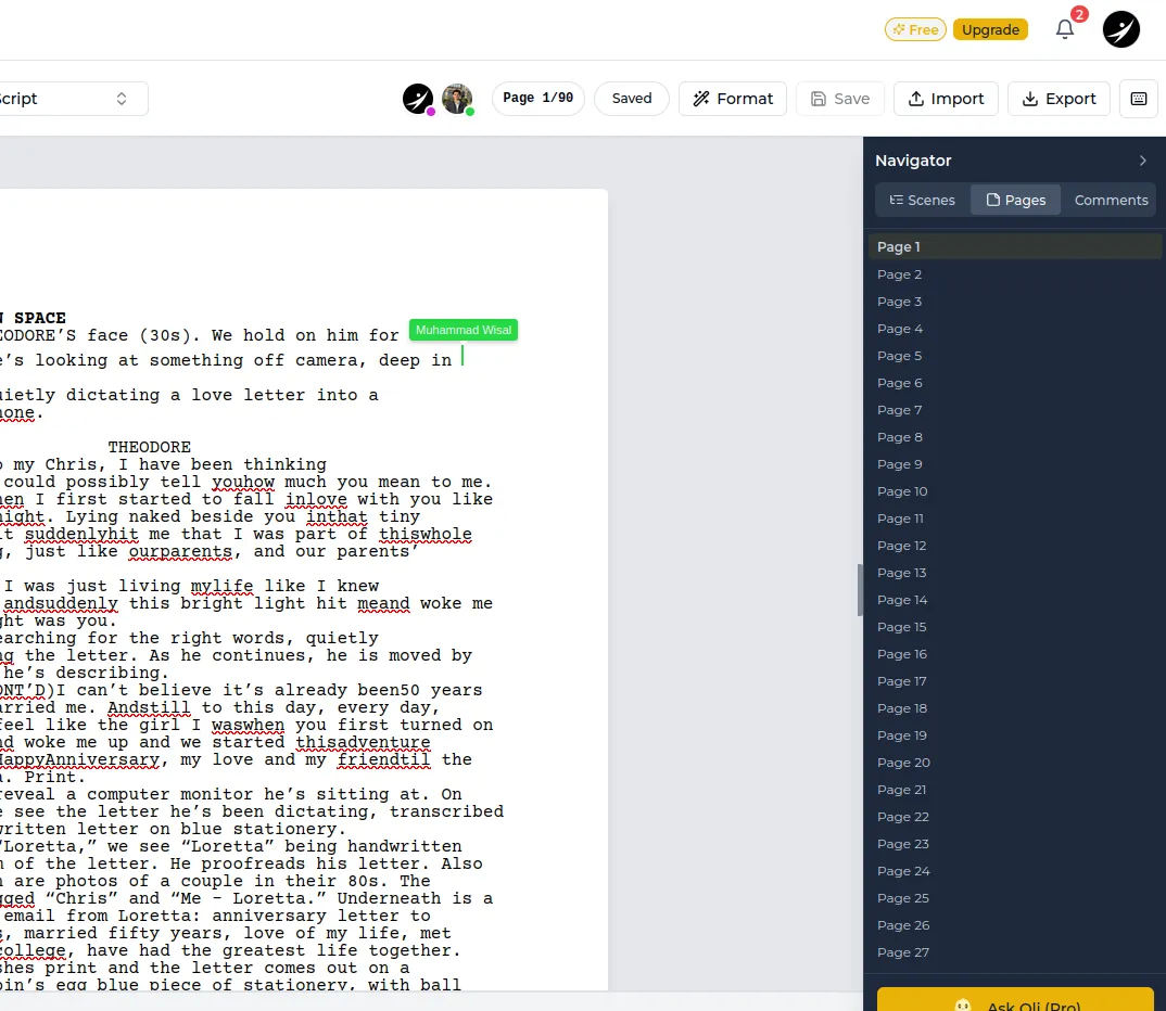 Lowerated script editor showing a screenplay page with a collaborator's live cursor and a Navigator panel listing pages 1 to 27
