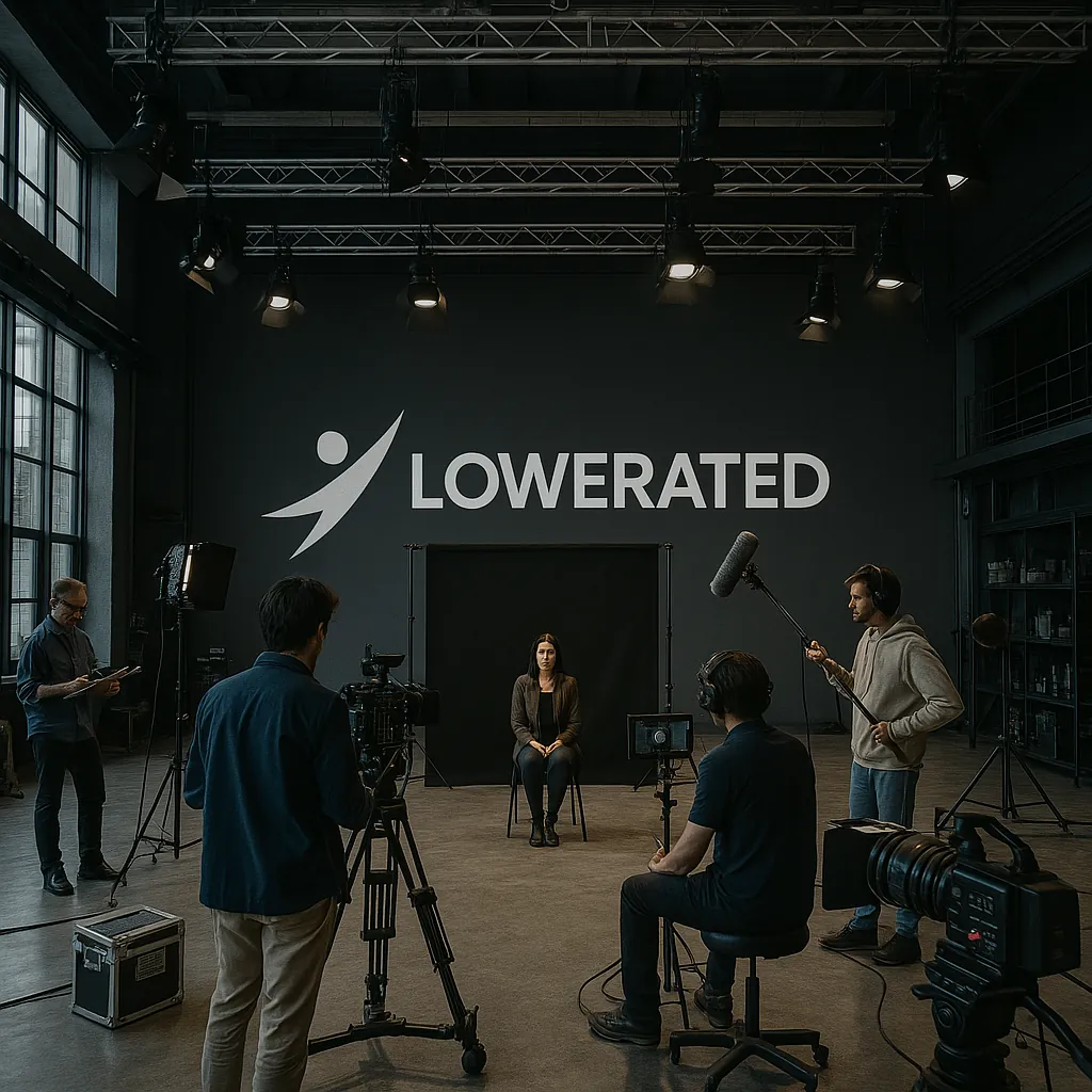 Film crew in a dark studio with the Lowerated logo on the wall, cameras and a boom mic pointed at a woman seated on a chair