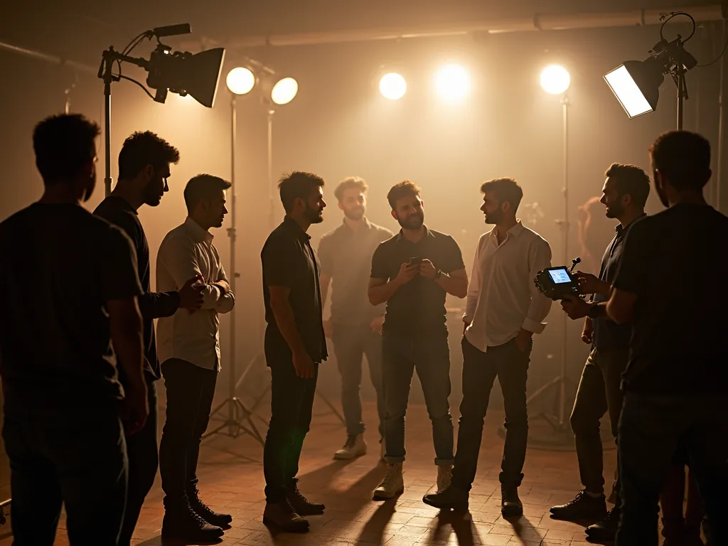 A group of young filmmakers talking in a circle on a smoky studio set lit by warm spotlights, one holding a camera monitor