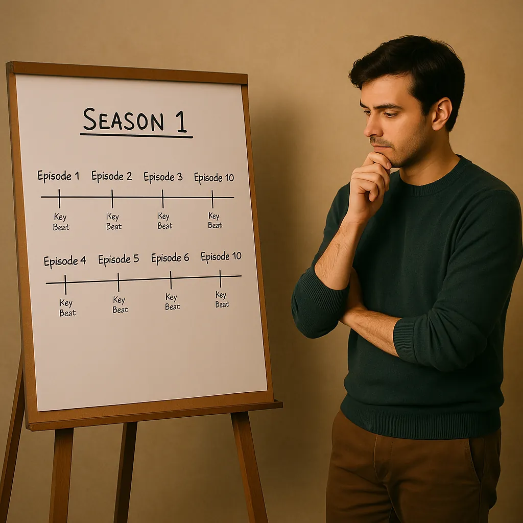 A man with his hand on his chin studies an easel board titled Season 1 with episode timelines and key beats
