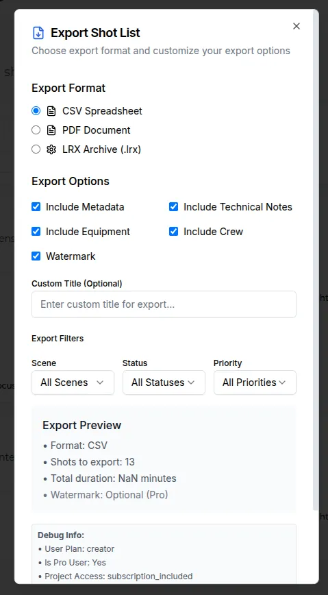 Lowerated Export Shot List dialog with CSV, PDF and LRX format options, export checkboxes, scene and status filters, and an export preview
