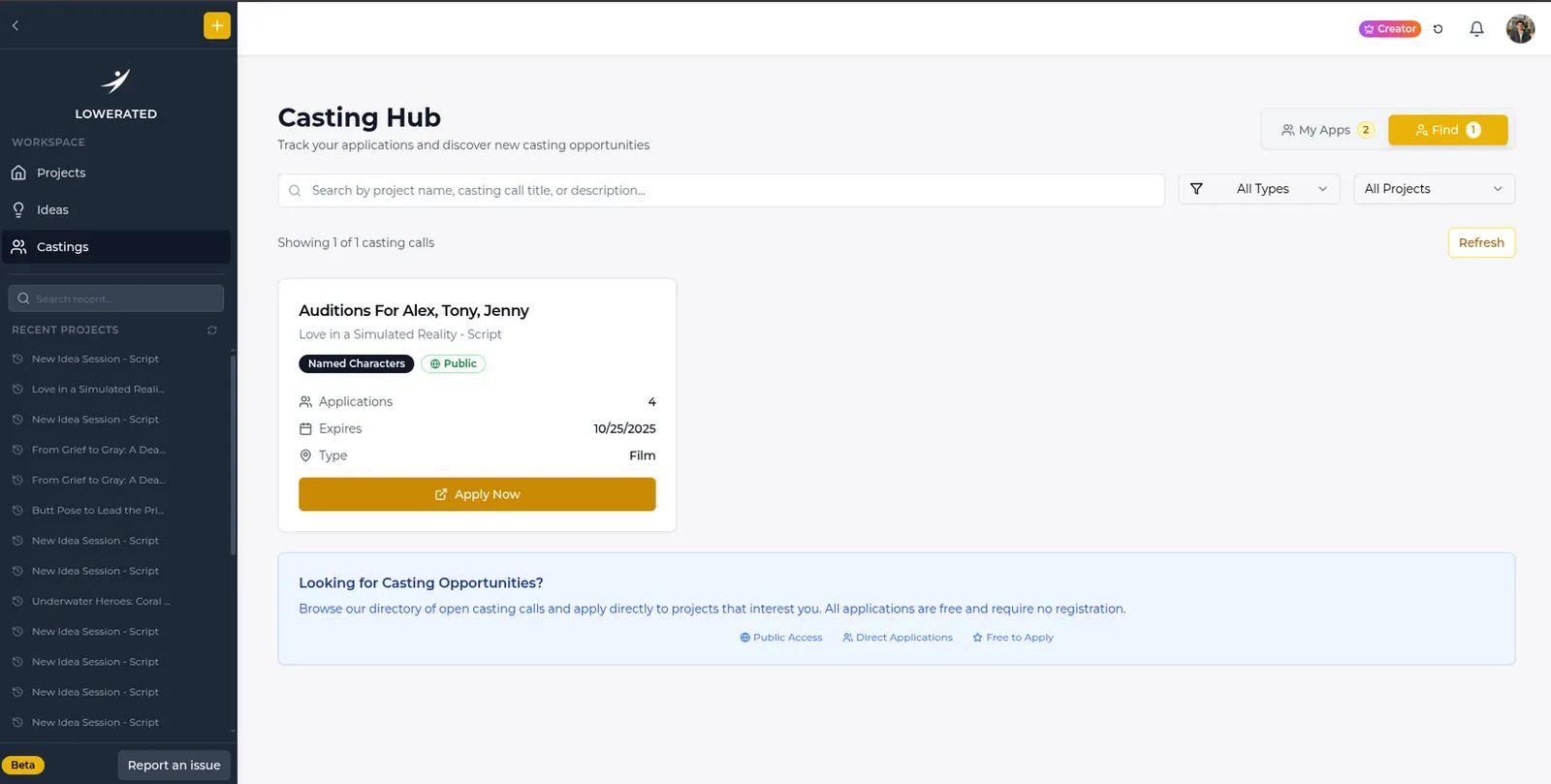 Lowerated Casting Hub showing a public casting call titled Auditions For Alex, Tony, Jenny with applications, expiry date and an Apply Now button