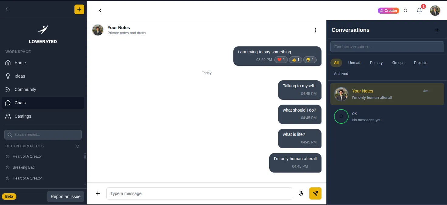 Lowerated chat screen with a private notes thread of short messages and a Conversations panel with filter tabs