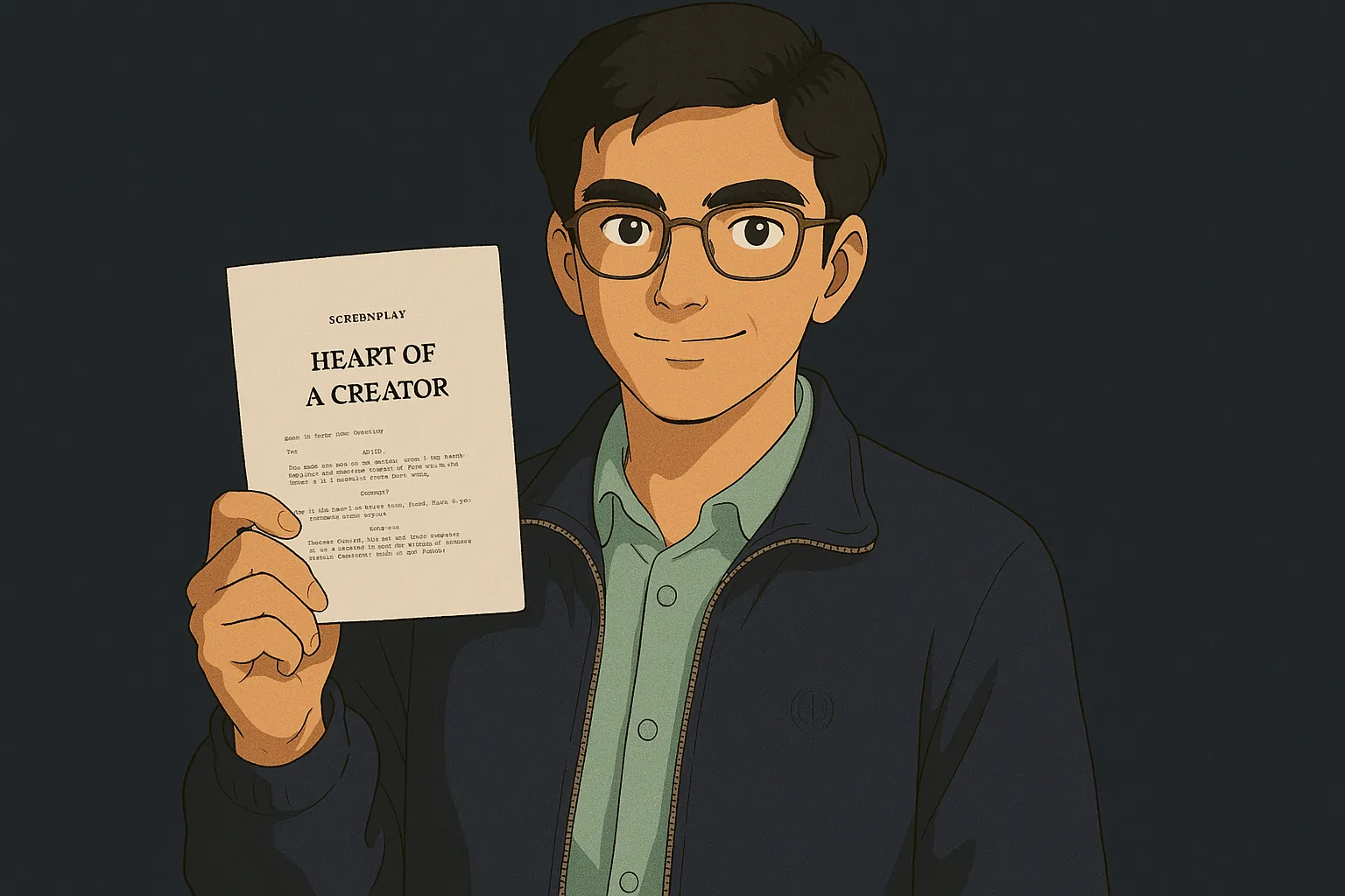 Anime-style illustration of a smiling young man in glasses holding up a screenplay titled Heart of a Creator