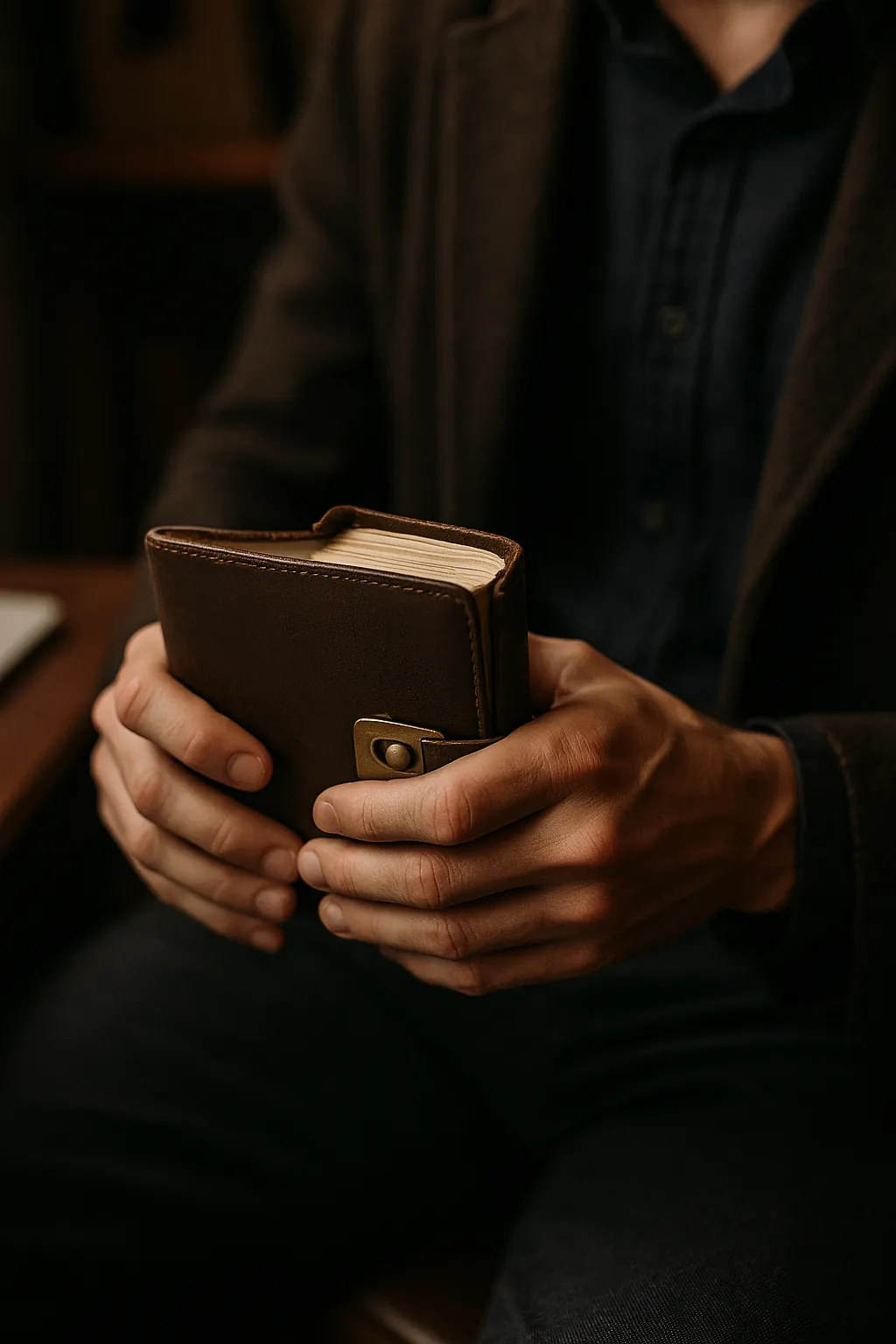 Close-up of hands holding a small brown leather notebook with a brass clasp