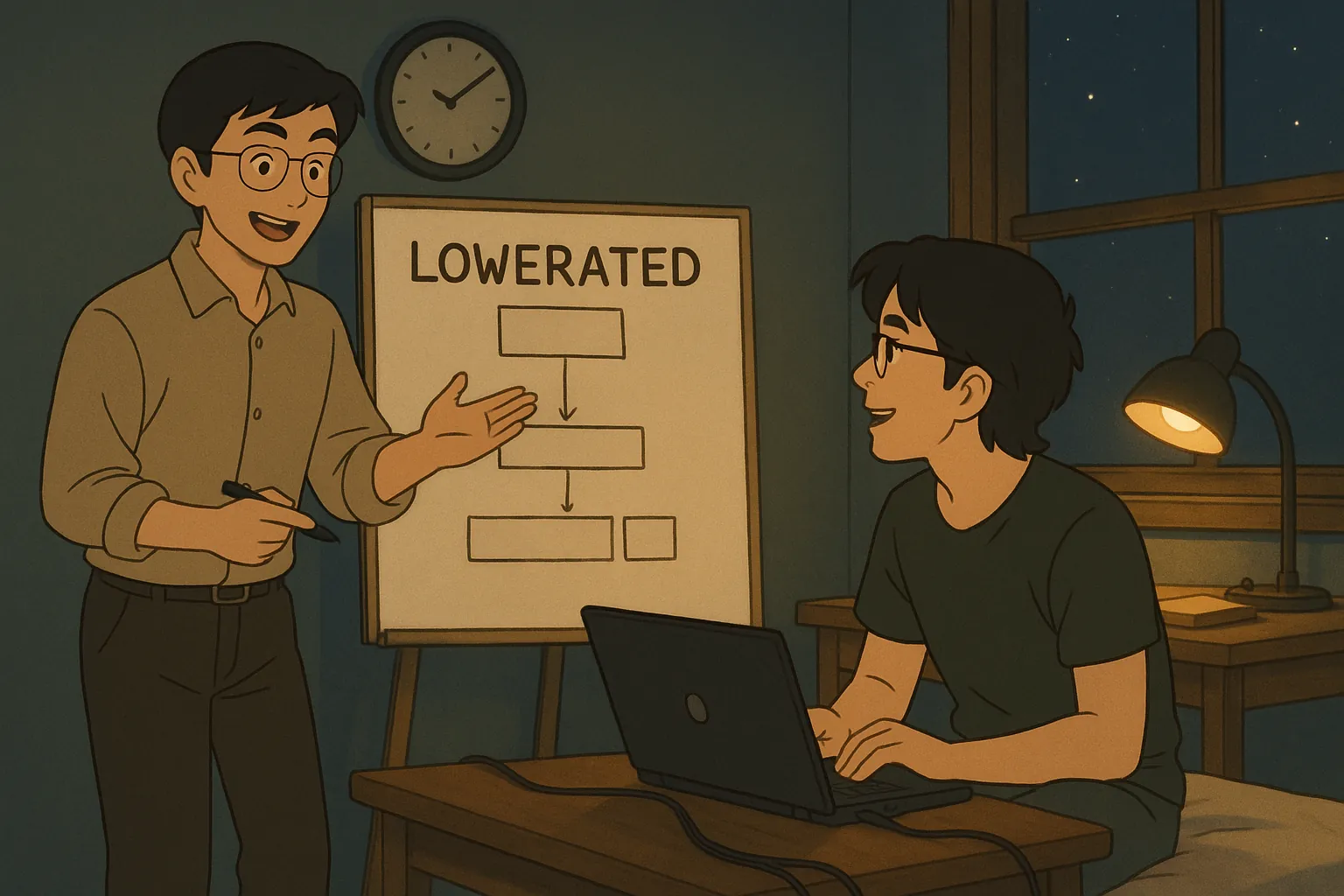 Illustration of two young men working late at night, one pointing to a Lowerated flowchart on an easel while the other types on a laptop