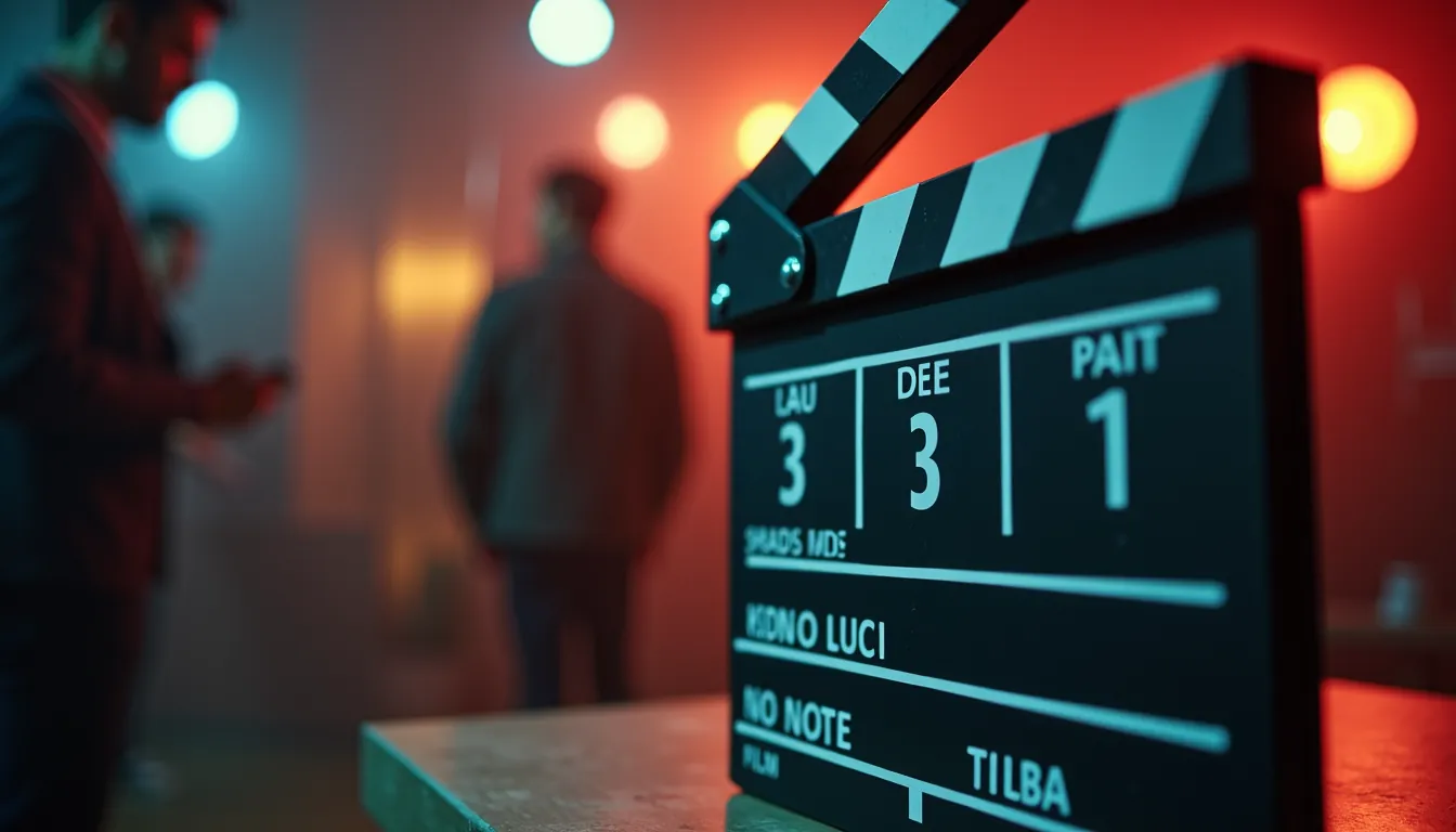 Clapperboard in the foreground of a film set with blurred crew members behind it in red and teal light