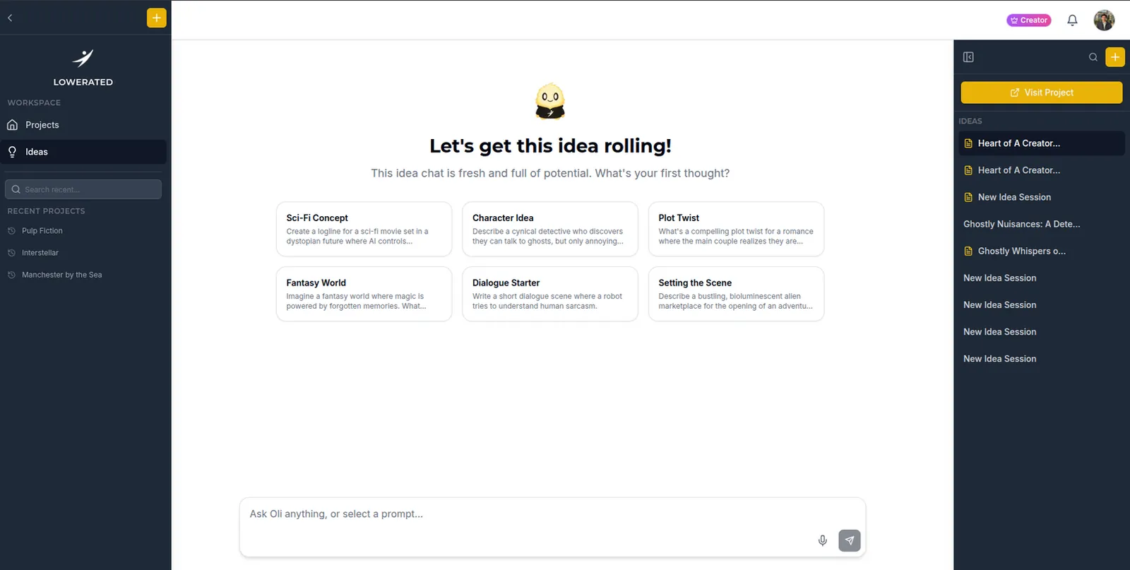 Lowerated Idea Chat start screen with Oli, the heading Let's get this idea rolling, and prompt cards such as Sci-Fi Concept and Plot Twist