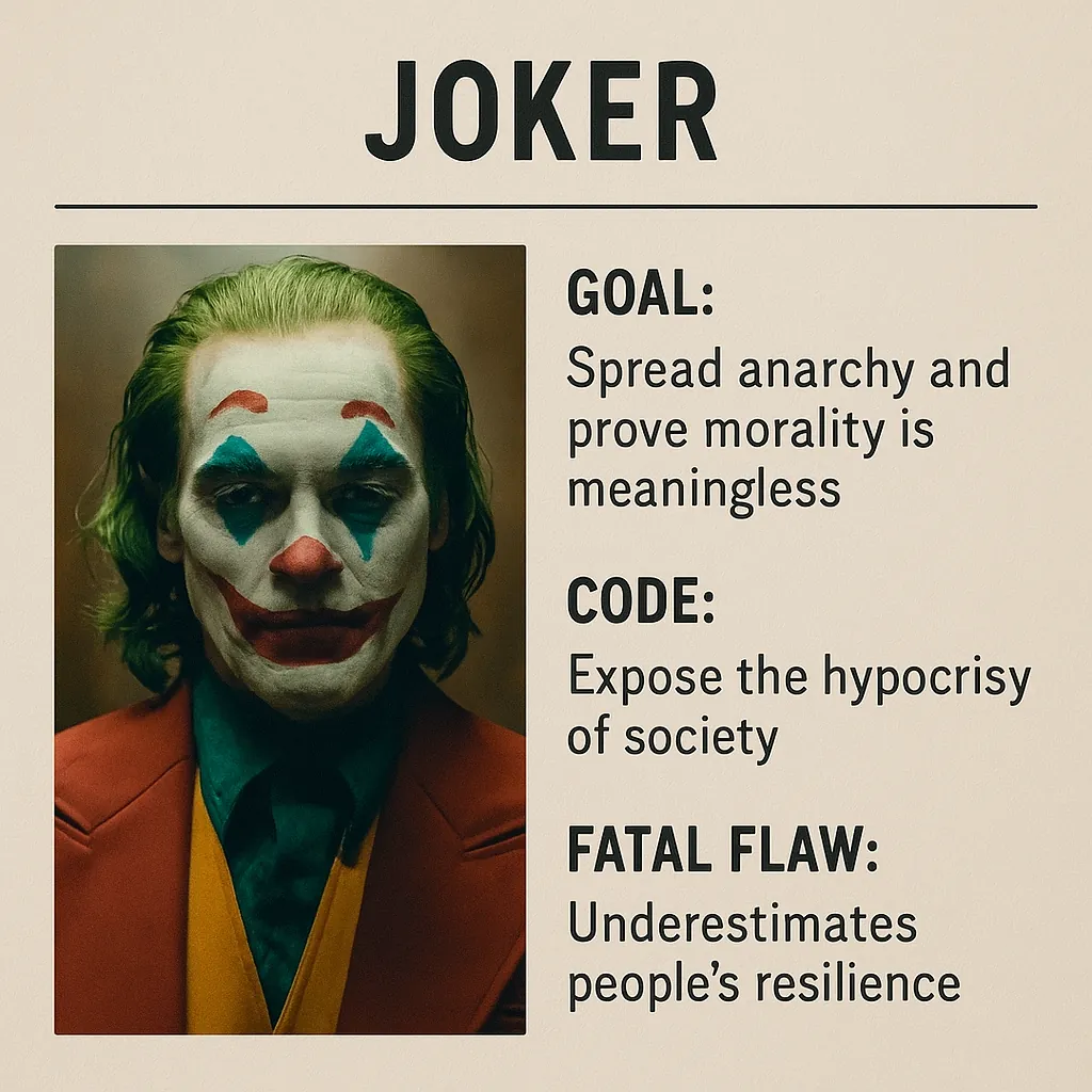 Character card for the Joker in clown makeup listing his goal to spread anarchy, his code to expose society's hypocrisy, and his fatal flaw