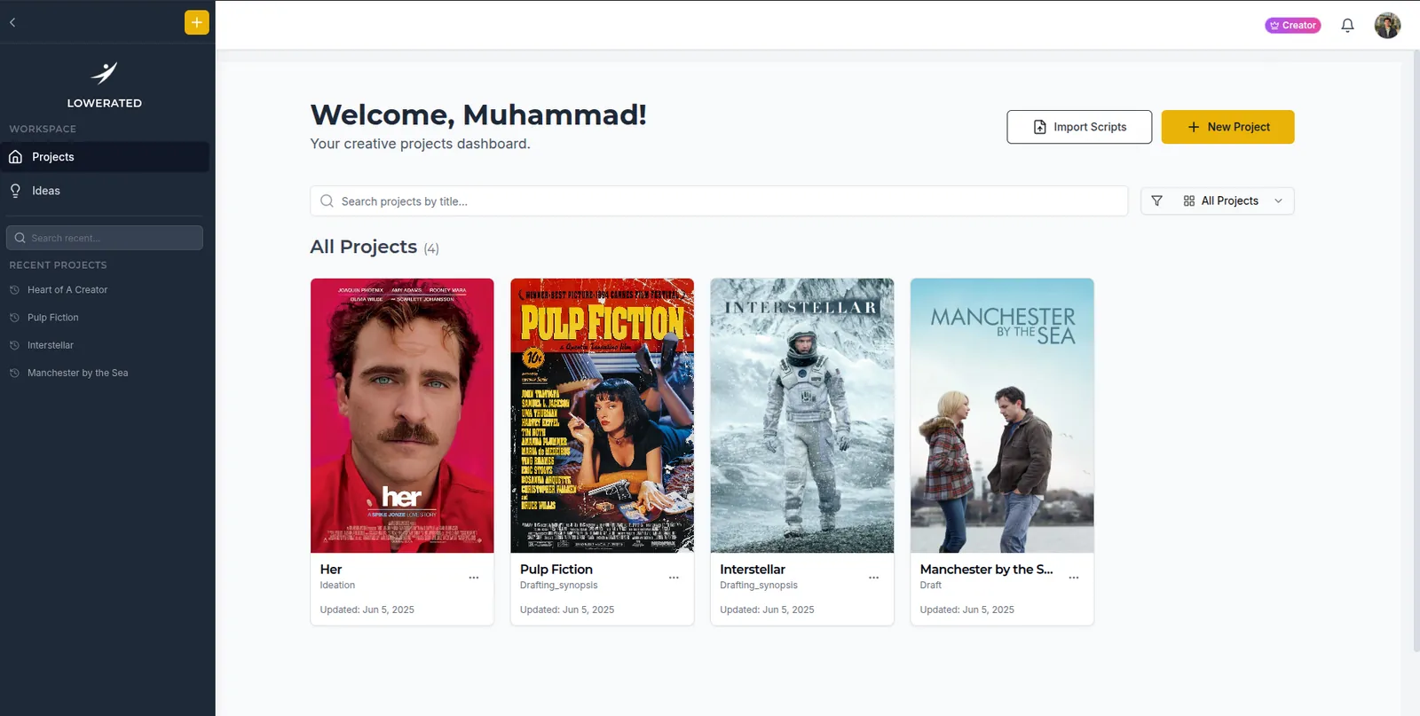 Lowerated projects dashboard welcoming Muhammad with four project cards using posters for Her, Pulp Fiction, Interstellar and Manchester by the Sea