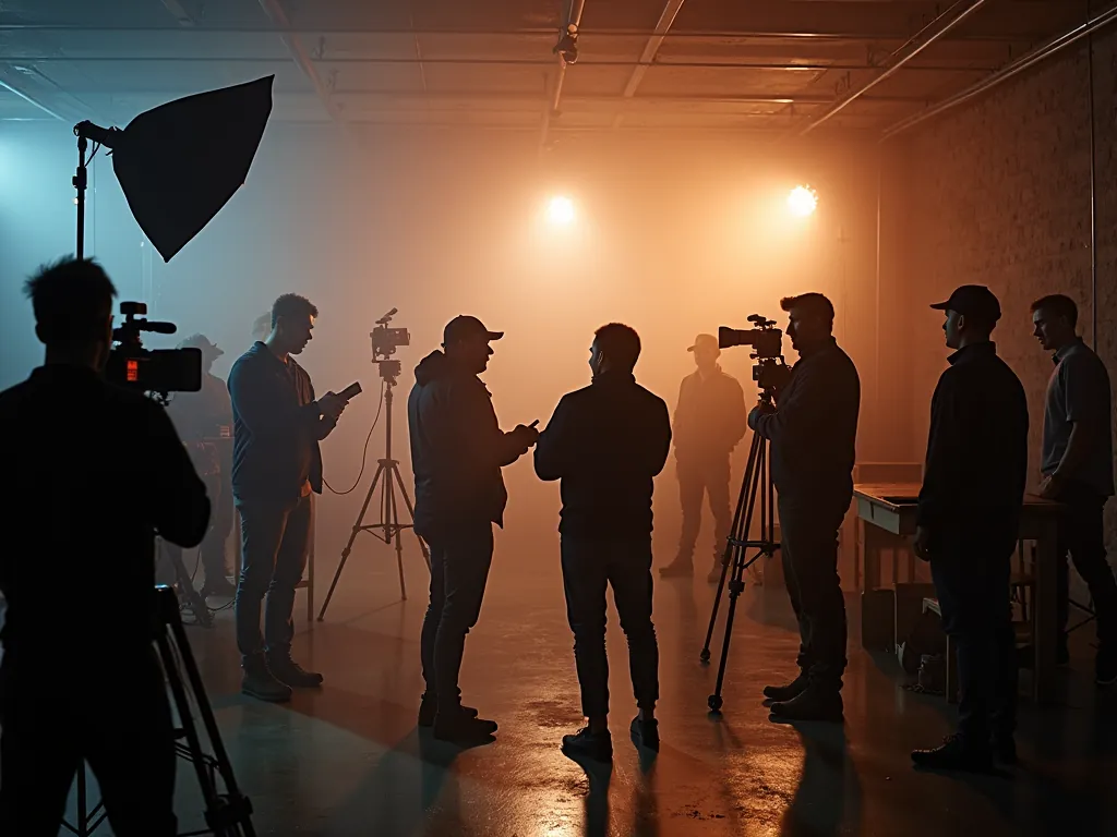 Silhouetted film crew with cameras on tripods talking in a hazy warehouse lit by warm spotlights
