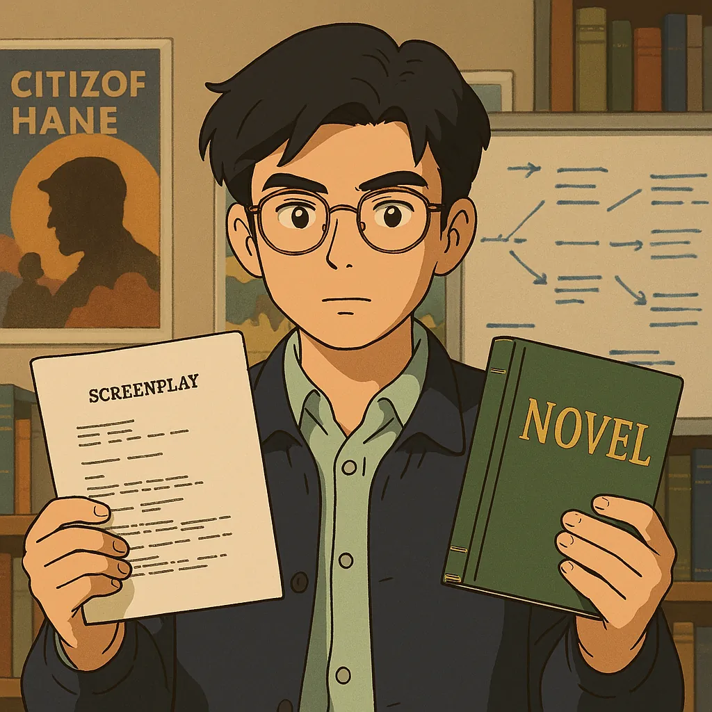 Anime-style illustration of a puzzled young man in glasses holding a screenplay in one hand and a novel in the other