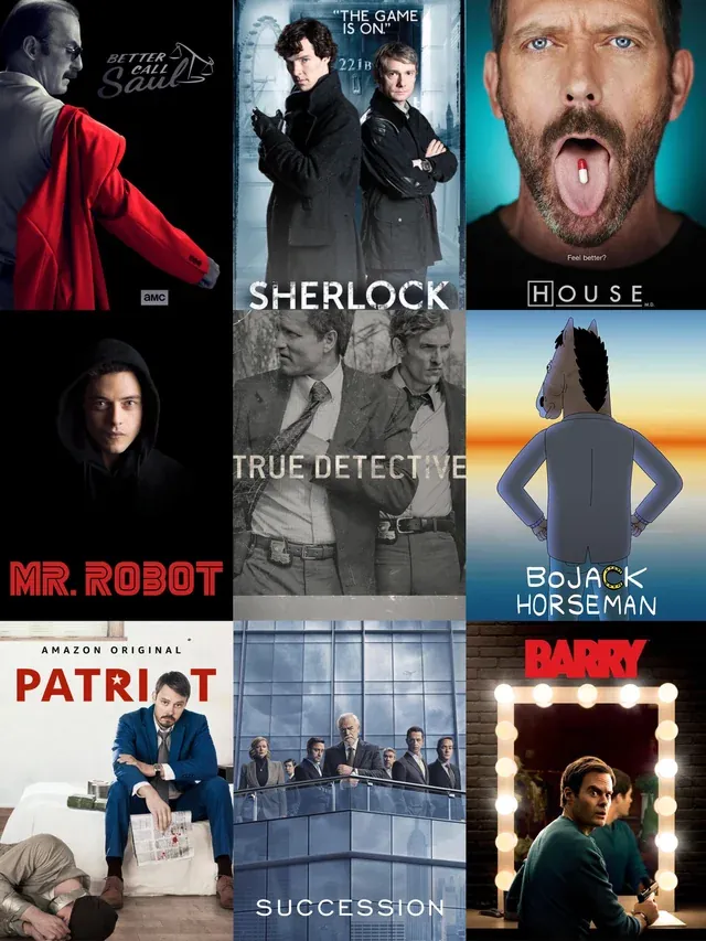 Grid of nine TV show posters, including Better Call Saul, Sherlock, House, Mr. Robot, True Detective, BoJack Horseman, Patriot, Succession and Barry