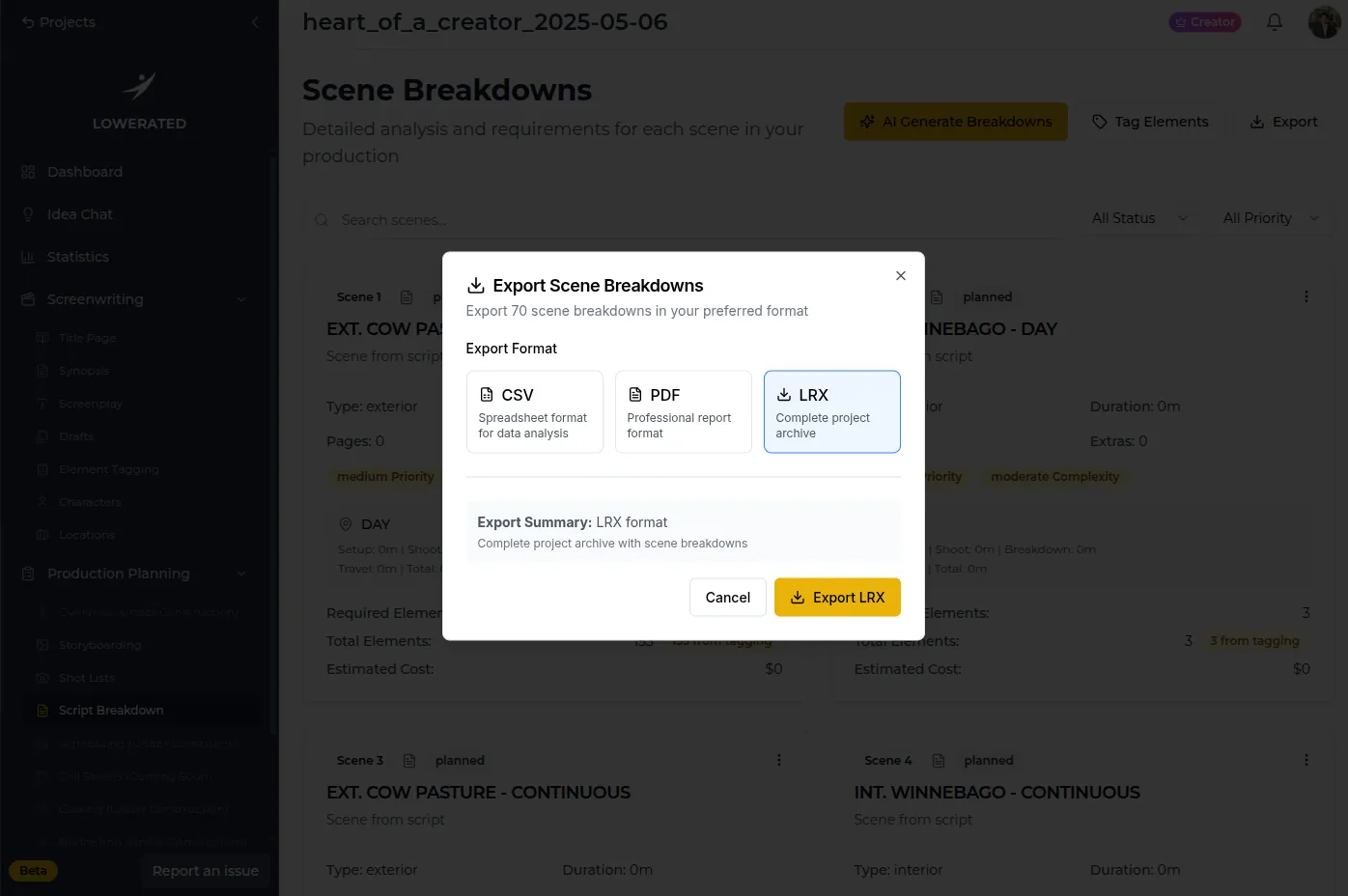 Lowerated Export Scene Breakdowns dialog offering CSV, PDF and LRX formats over the scene breakdowns screen